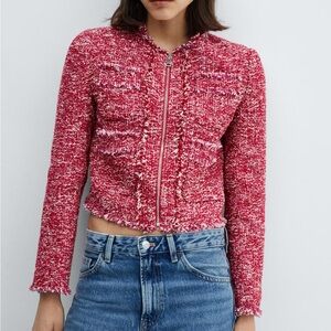 Mango Red Tweed Zip-Front Cropped Jacket